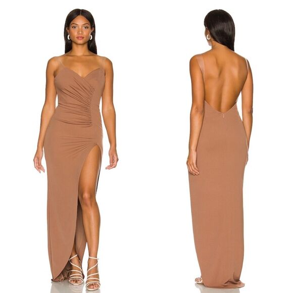 Katie May Women S Colette Gown Maxi Dress Cocoa Brown Sheer Bone Ruche Slit FLAW - Picture 1 of 11
